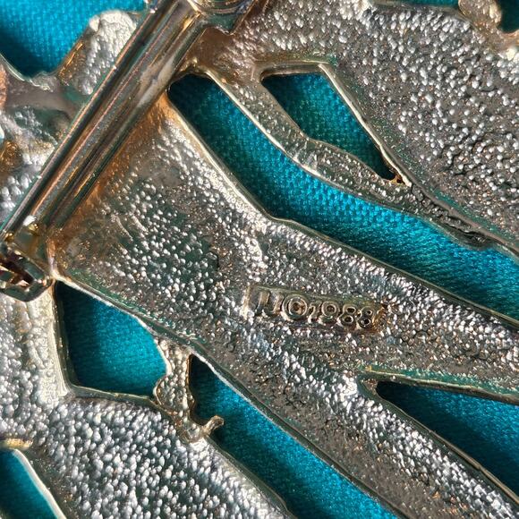 JJ Jonette Vintage Art Deco Style goldtone Double Date Brooch 1988 pin 80s prom - Picture 4 of 15